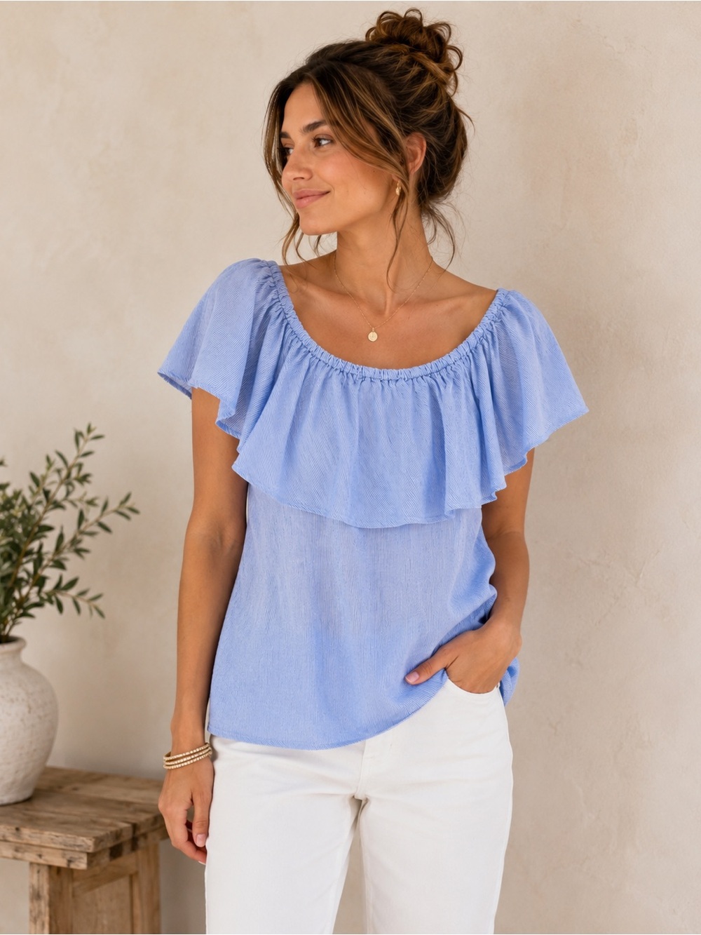 Saks Fifth Avenue 100% Linen Blue Stripe Off-the-Shoulder Ruffle Blouse Size M